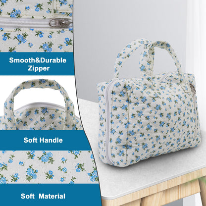 Cute Makeup Bag for Women(2 Pcs), Travel Cosmetic Bags, Quilted Coquette Aesthetic Floral Toiletry Organizer Bag (NavyBlue Flower)