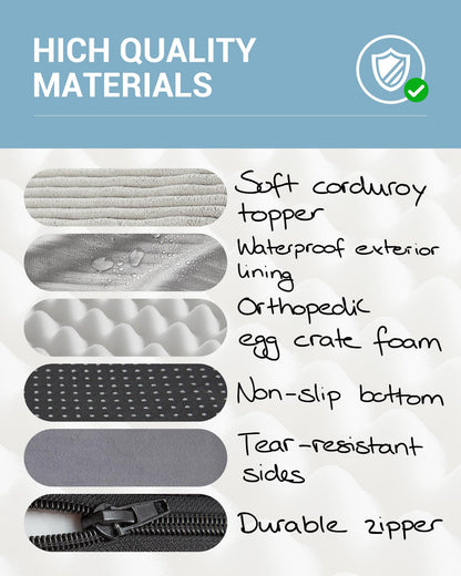 OhGeni 35 Inch Orthopedic Waterproof & Machine Washable Dog Bed for Medium Large Pets, Suitable for Crates, 25D Egg Crate Foam, Non-Slip Bottom & Removable Cover, Invisible Zipper(Gray)