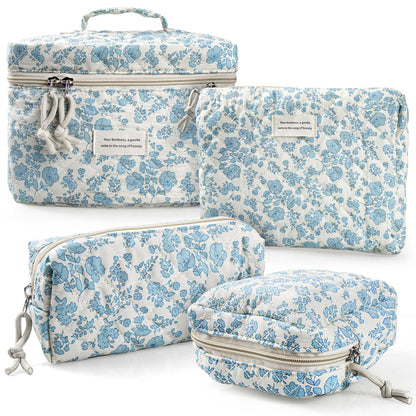 Cute Makeup Bag for Women(2 Pcs), Travel Cosmetic Bags, Quilted Coquette Aesthetic Floral Toiletry Organizer Bag (NavyBlue Flower)