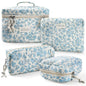 Cute Makeup Bag for Women(2 Pcs), Travel Cosmetic Bags, Quilted Coquette Aesthetic Floral Toiletry Organizer Bag (NavyBlue Flower)