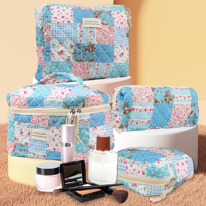 Cute Makeup Bag for Women(2 Pcs), Travel Cosmetic Bags, Quilted Coquette Aesthetic Floral Toiletry Organizer Bag (NavyBlue Flower)