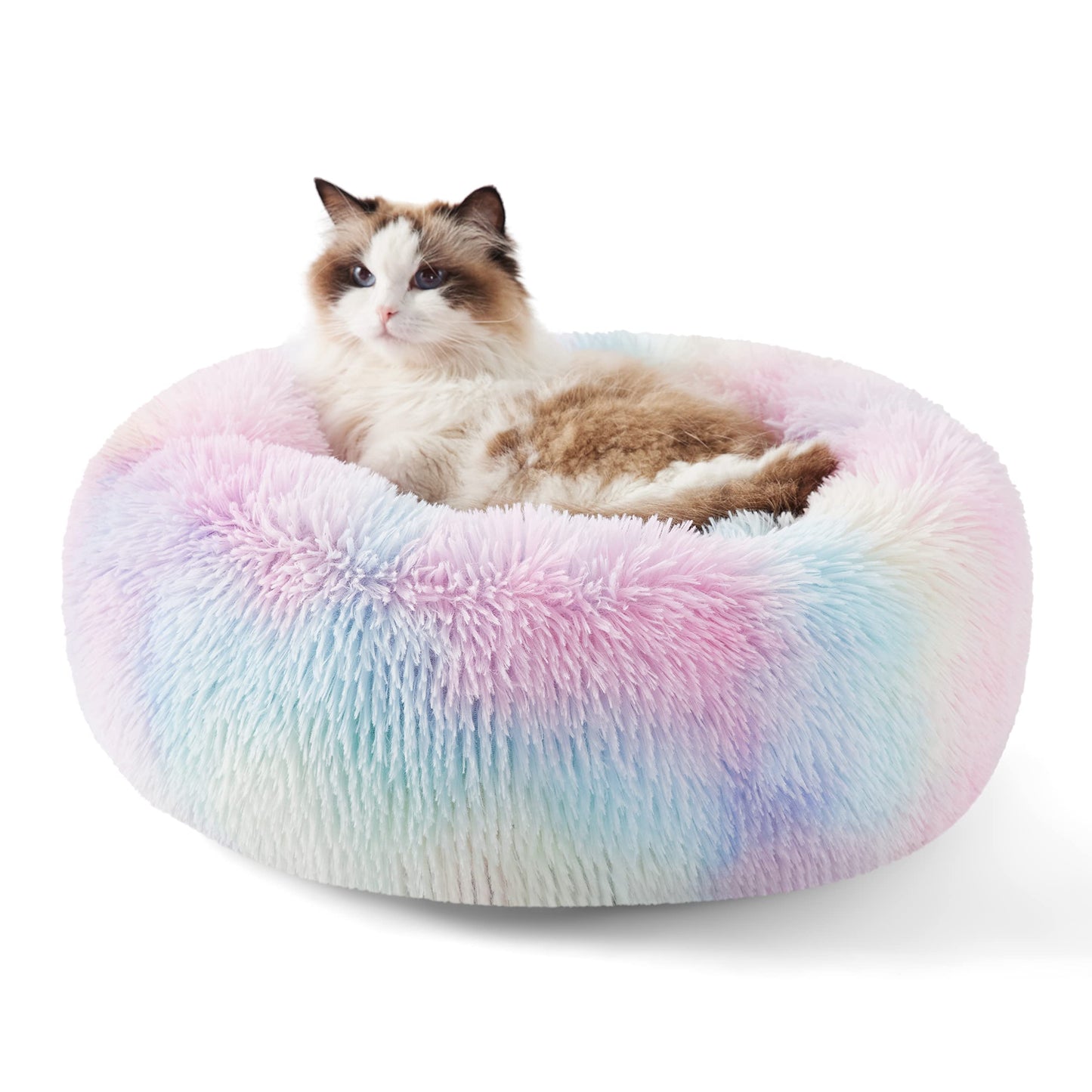 Bedsure Calming Cat Beds for Indoor Cats - Small Cat Bed Washable 20 inches, Anti-Slip Round Fluffy Plush Faux Fur Pet Bed, Fits up to 15 lbs Pets, Camel