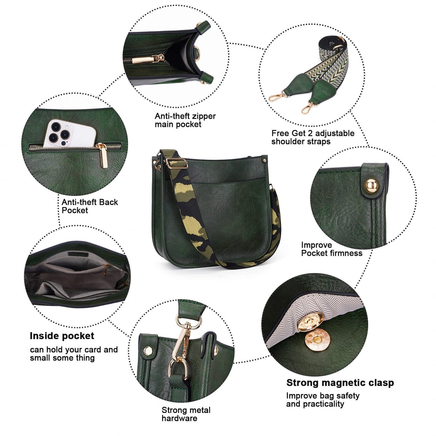 HKCLUF Crossbody Bags for Women Trendy Vegan Leather Hobo Handbags With 2PCS Adjustable Guitar Strap Shoulder Bucket Bags