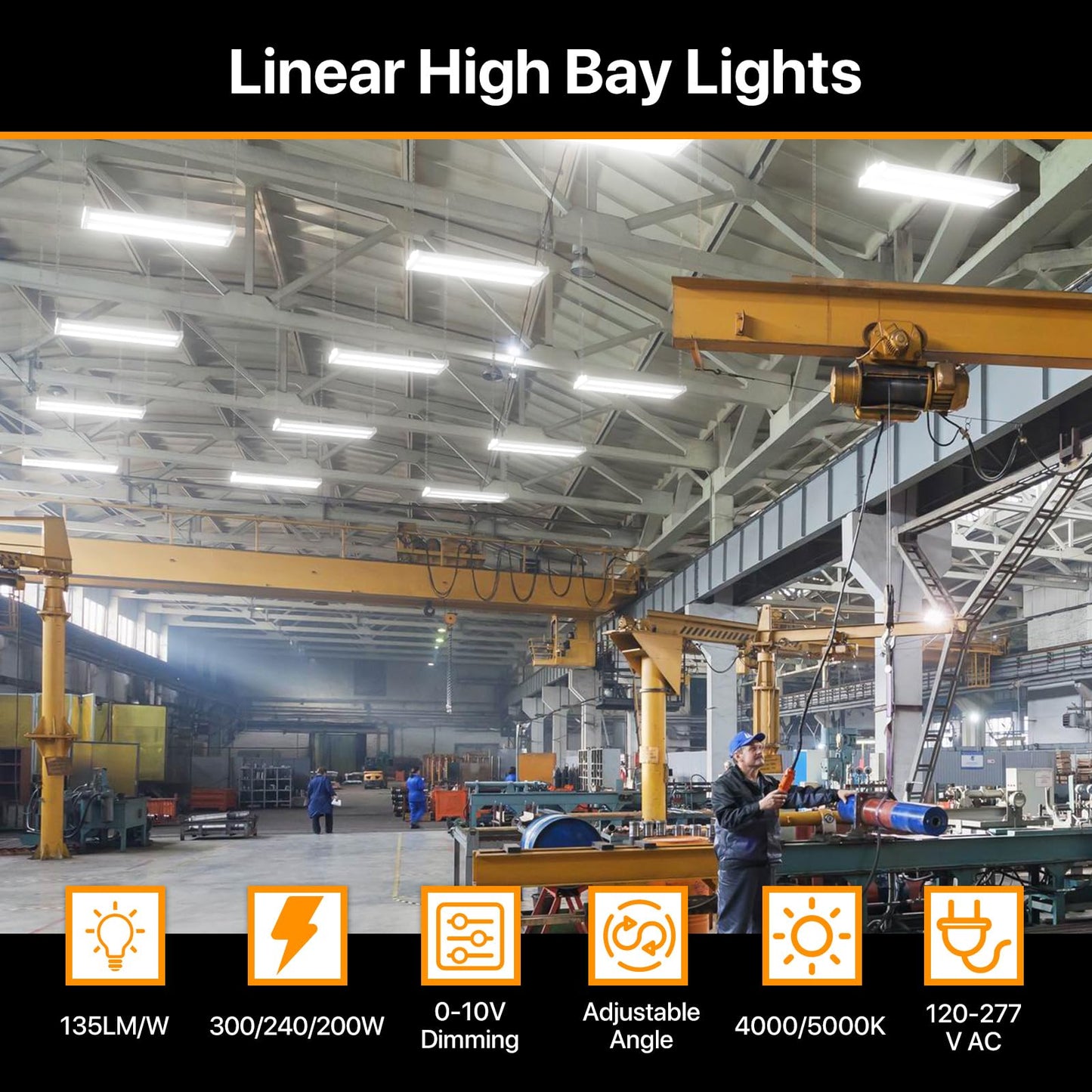 High Bay Led Shop Lights 150W 2Pack 4000K/5000K Switchable Linear High Bay Light Directional 0-10V Dimmable 100-277V Hardwire 135LM/W Commercial Lighting for Warehouse, Workshop, Supermarket