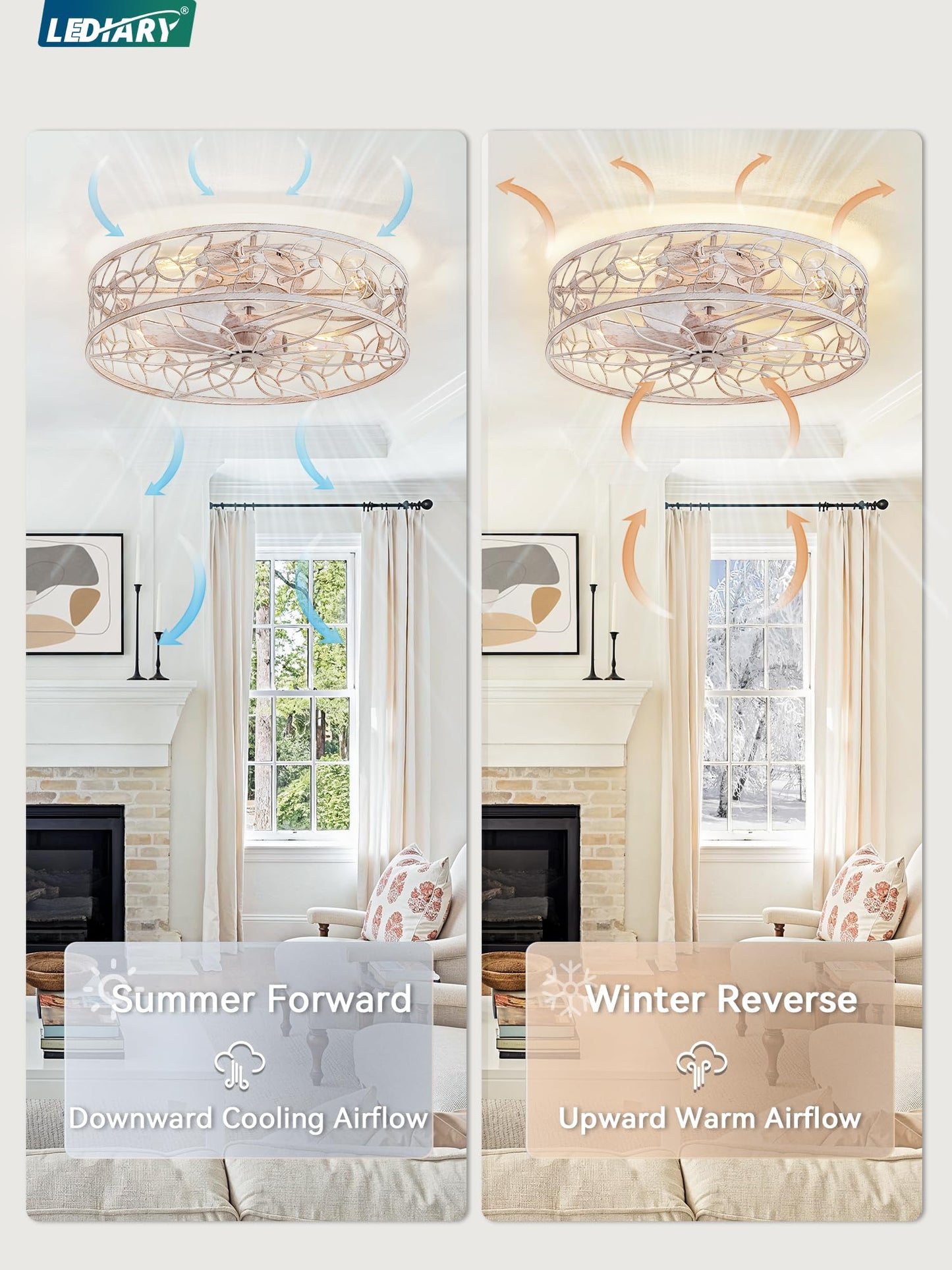 LEDIARY Caged Ceiling Fans with Lights, White Flush Mount Ceiling Fan with Remote, Small Low Profile Bladeless Ceiling Fan Light Fixture for Bedroom, Kitchen, Dining Room-White Gold Color