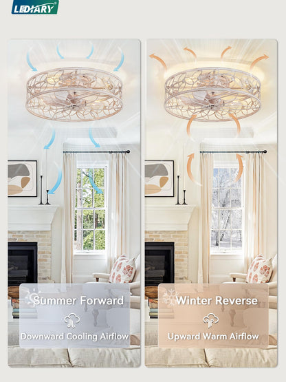 LEDIARY Caged Ceiling Fans with Lights, White Flush Mount Ceiling Fan with Remote, Small Low Profile Bladeless Ceiling Fan Light Fixture for Bedroom, Kitchen, Dining Room-White Gold Color