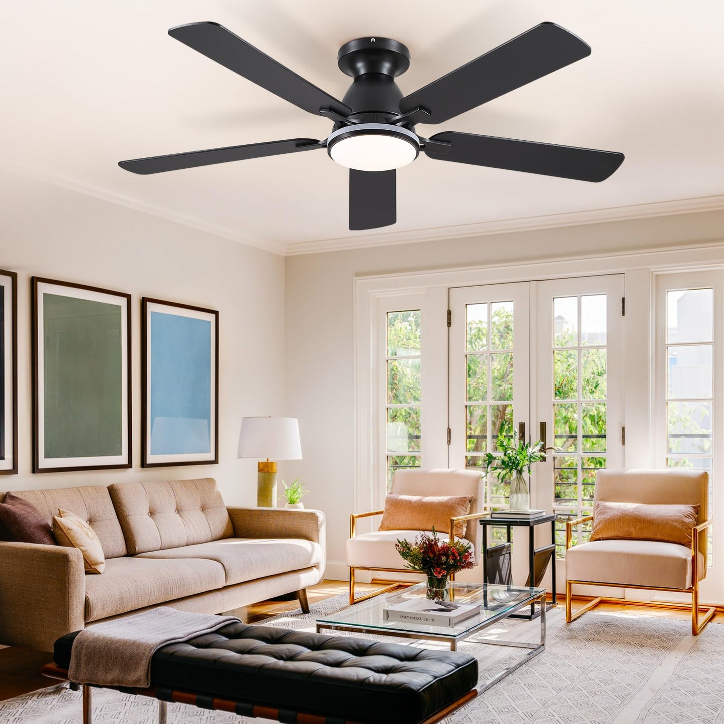 Ceiling Fans with Lights- 52" Low Profile Indoor Ceiling Fan with Light and Remote/APP Control, Flush Mount, LED Dimmable DC Reversible Modern Ceiling Fan for Bedroom（Black）