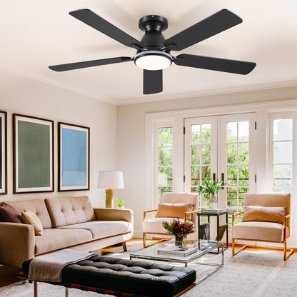 Ceiling Fans with Lights- 52" Low Profile Indoor Ceiling Fan with Light and Remote/APP Control, Flush Mount, LED Dimmable DC Reversible Modern Ceiling Fan for Bedroom（Black）