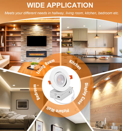 Cloudy Bay Eyeball 5 Color 4 inch Gimbal LED Recessed Light with Junction Box,9.5W CRI90+ 2700K/3000K/3500K/4000K/5000K Selectable,Dimmable Canless Ceiling Spot Light,Damp Location,Black,Pack of 6