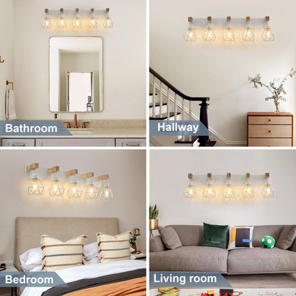 Farmhouse Vanity Light for Bathroom, 3-Light Wood Bathroom Vanity Light Fixtures Over Mirror, Rustic Sconces Wall Lighting with Metal Lampshade for Living Room, Bedroom, Hallway