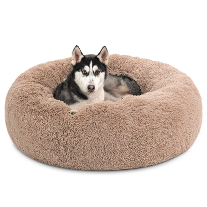 Bedsure Calming Cat Beds for Indoor Cats - Small Cat Bed Washable 20 inches, Anti-Slip Round Fluffy Plush Faux Fur Pet Bed, Fits up to 15 lbs Pets, Camel