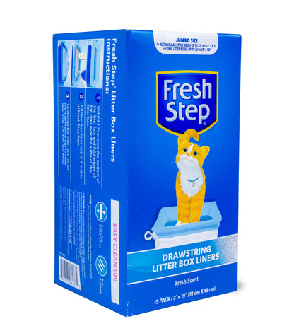 Fresh Step Drawstring Cat Litter Box Liners, Unscented, Size Jumbo, 36" x 19" | Kitty Litter Bags - 15 Count - Cat Litter Liners for Rectangle or Oval Large Litterboxes