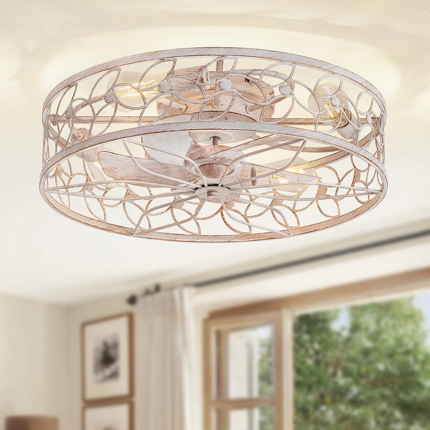 LEDIARY Caged Ceiling Fans with Lights, White Flush Mount Ceiling Fan with Remote, Small Low Profile Bladeless Ceiling Fan Light Fixture for Bedroom, Kitchen, Dining Room-White Gold Color