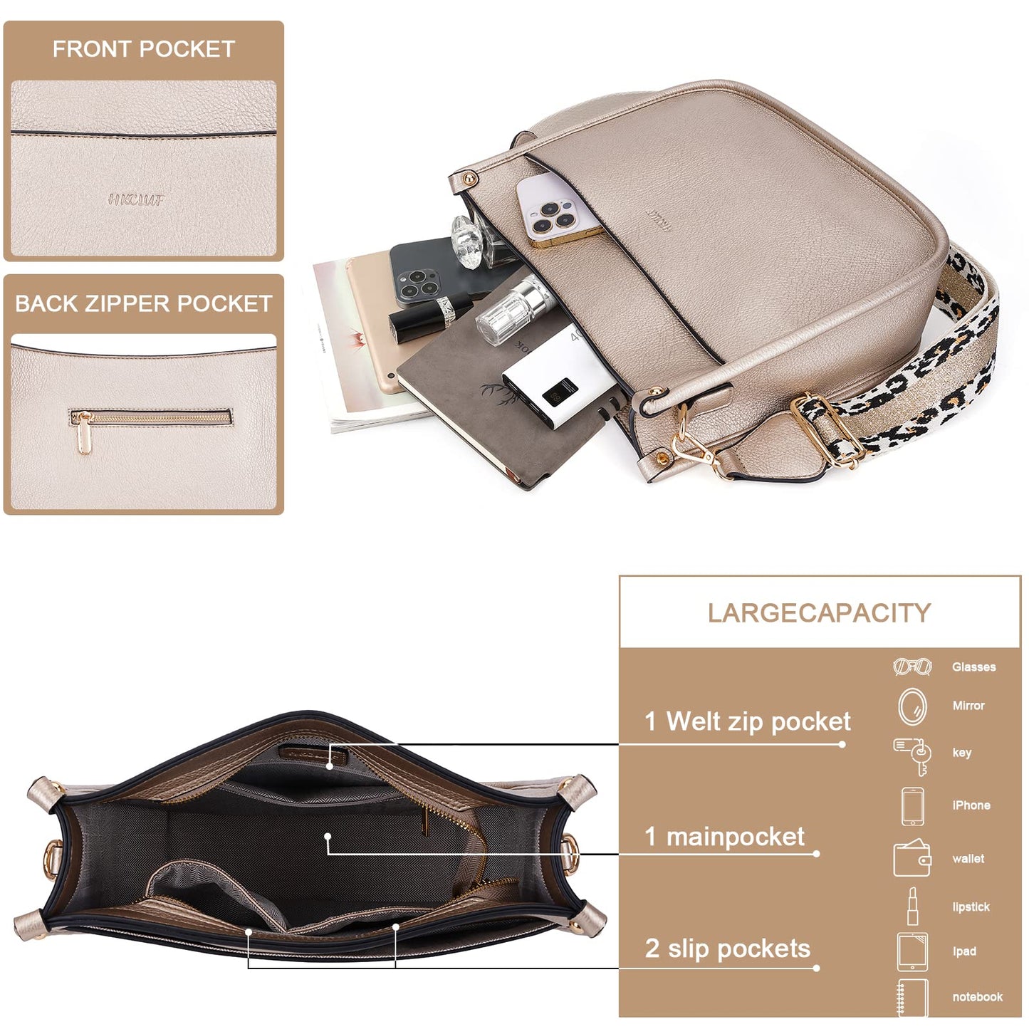 HKCLUF Crossbody Bags for Women Trendy Vegan Leather Hobo Handbags With 2PCS Adjustable Guitar Strap Shoulder Bucket Bags