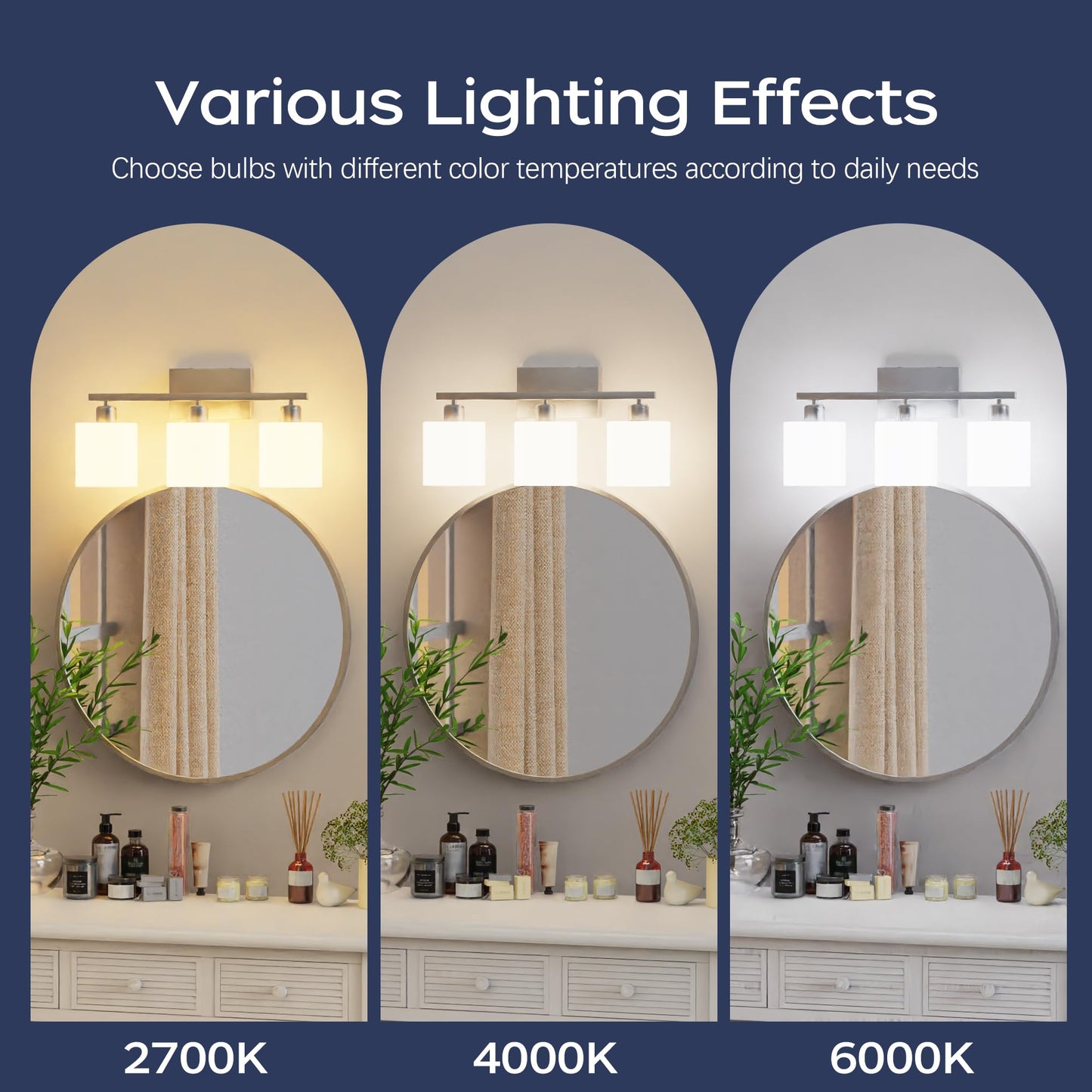 PARTPHONER Bathroom Light Fixtures, Bathroom Lighting Fixtures Over Mirror, Interior Classic Vanity Lights, Modern Bathroom Vanity Light with Textured White Glass Shade, Brushed Nickel, 3-Light