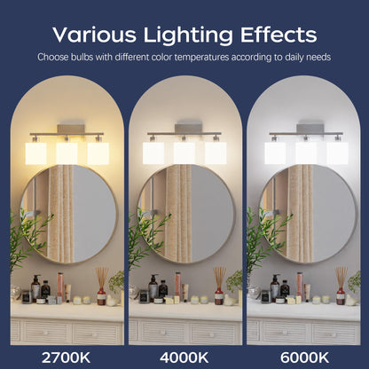 PARTPHONER Bathroom Light Fixtures, Bathroom Lighting Fixtures Over Mirror, Interior Classic Vanity Lights, Modern Bathroom Vanity Light with Textured White Glass Shade, Brushed Nickel, 3-Light