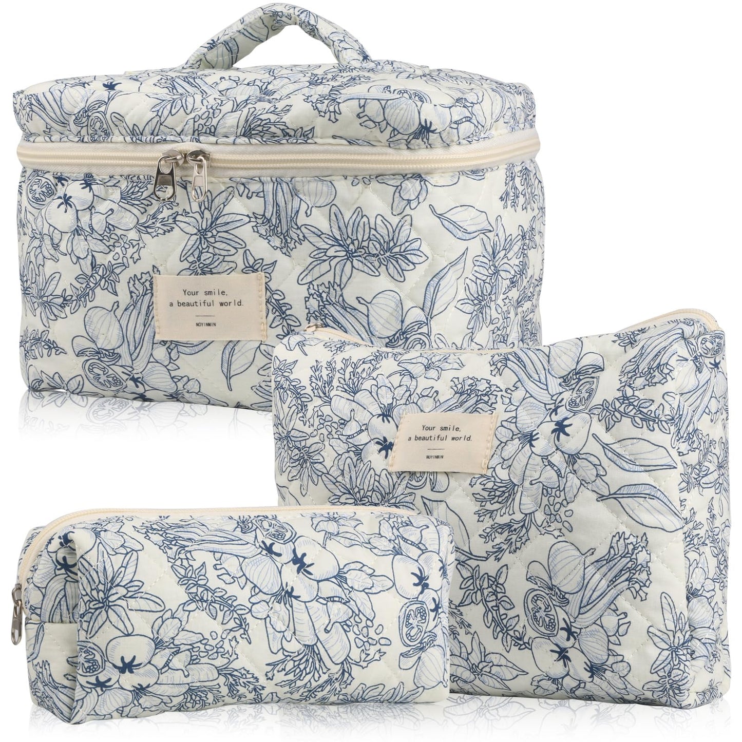 Cute Makeup Bag for Women(2 Pcs), Travel Cosmetic Bags, Quilted Coquette Aesthetic Floral Toiletry Organizer Bag (NavyBlue Flower)