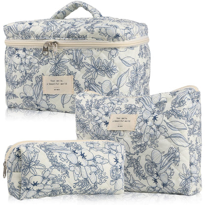 Cute Makeup Bag for Women(2 Pcs), Travel Cosmetic Bags, Quilted Coquette Aesthetic Floral Toiletry Organizer Bag (NavyBlue Flower)