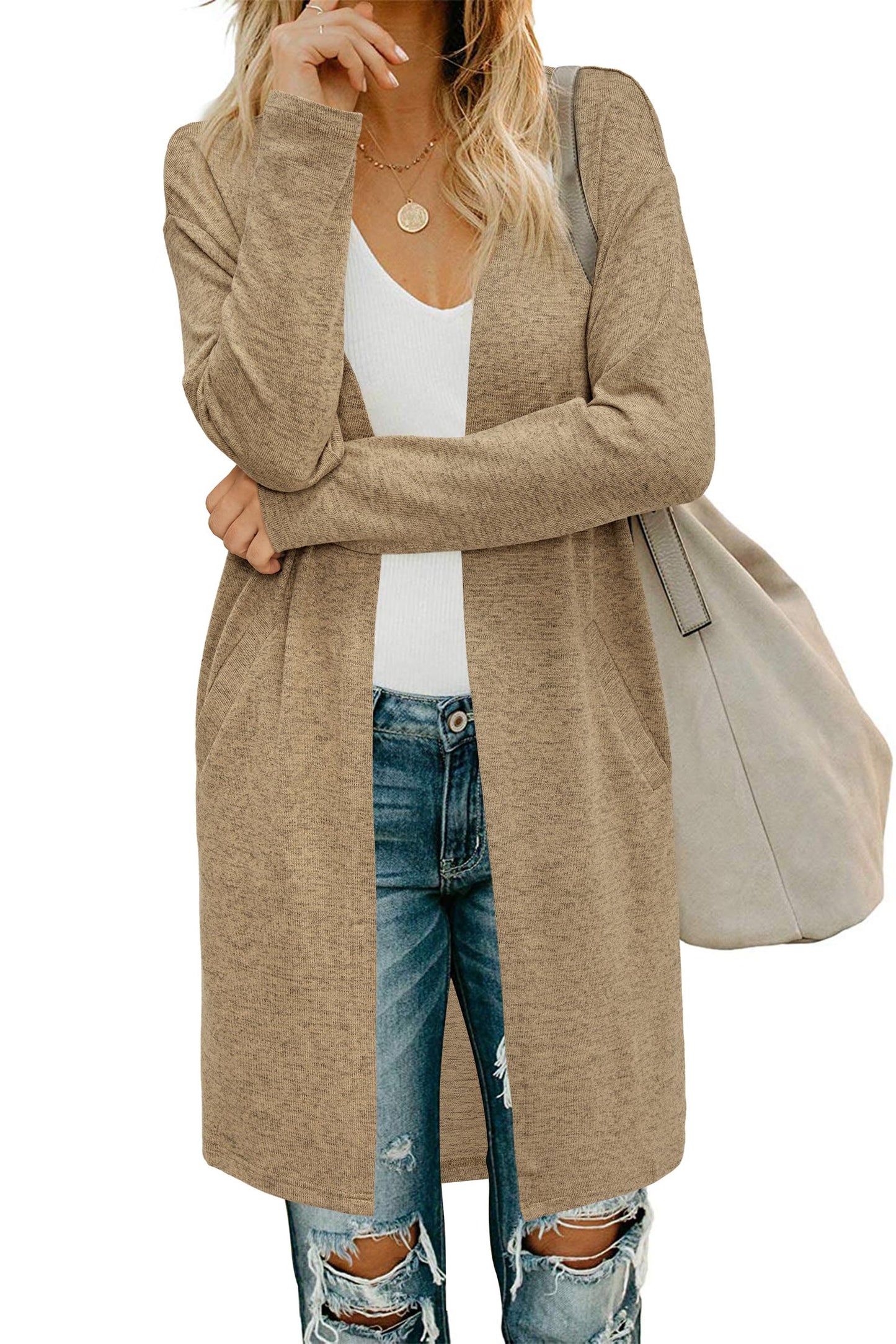OUGES Women's Open Front Cardigan Shirt with Pockets Long Sleeve Lightweight Coat