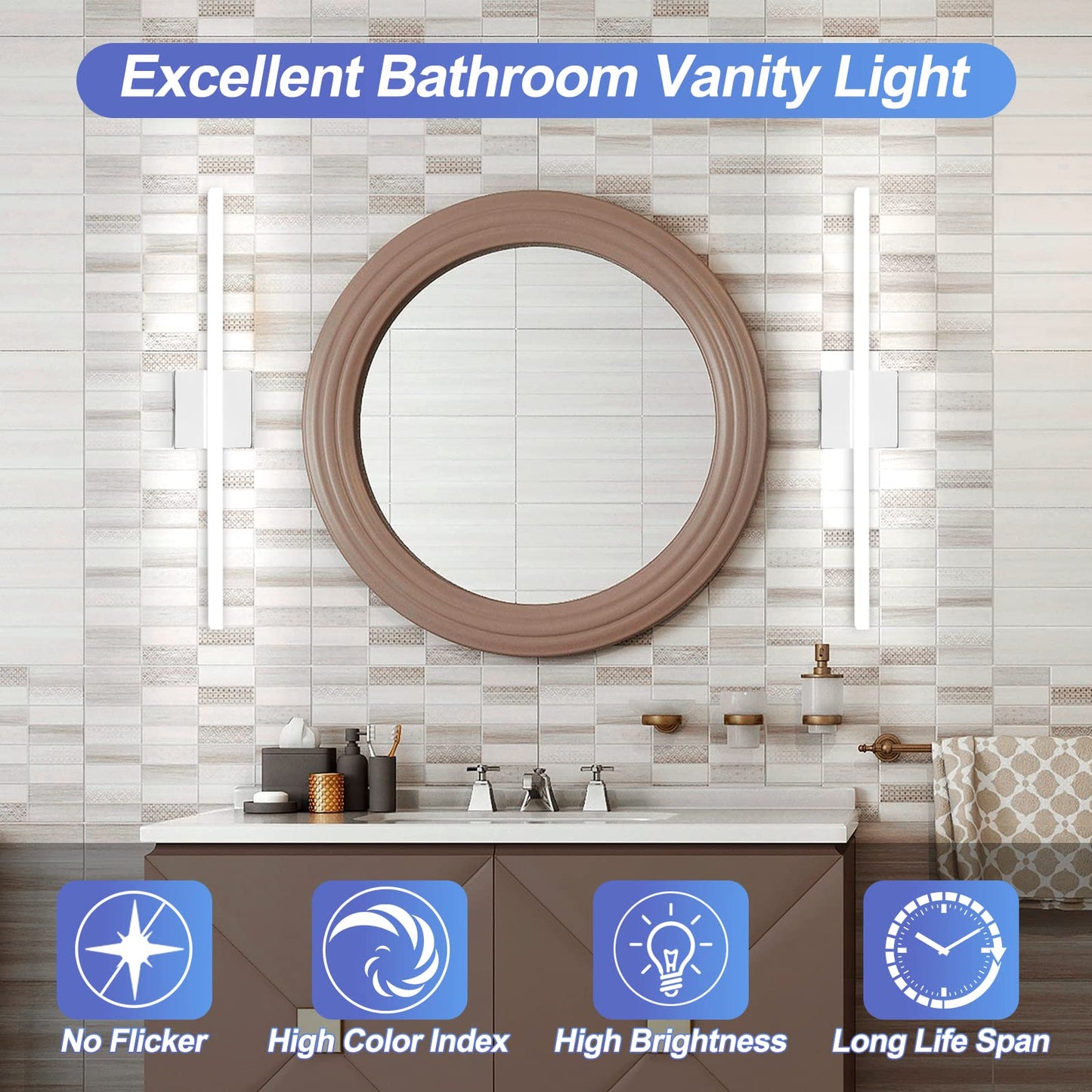 Combuh Modern Bathroom Light Fixtures Over Mirror 16 Inch IP44 9W Chrome Vanity Light Bar for Bathroom Wall Light Fixtures Cool White 6000K