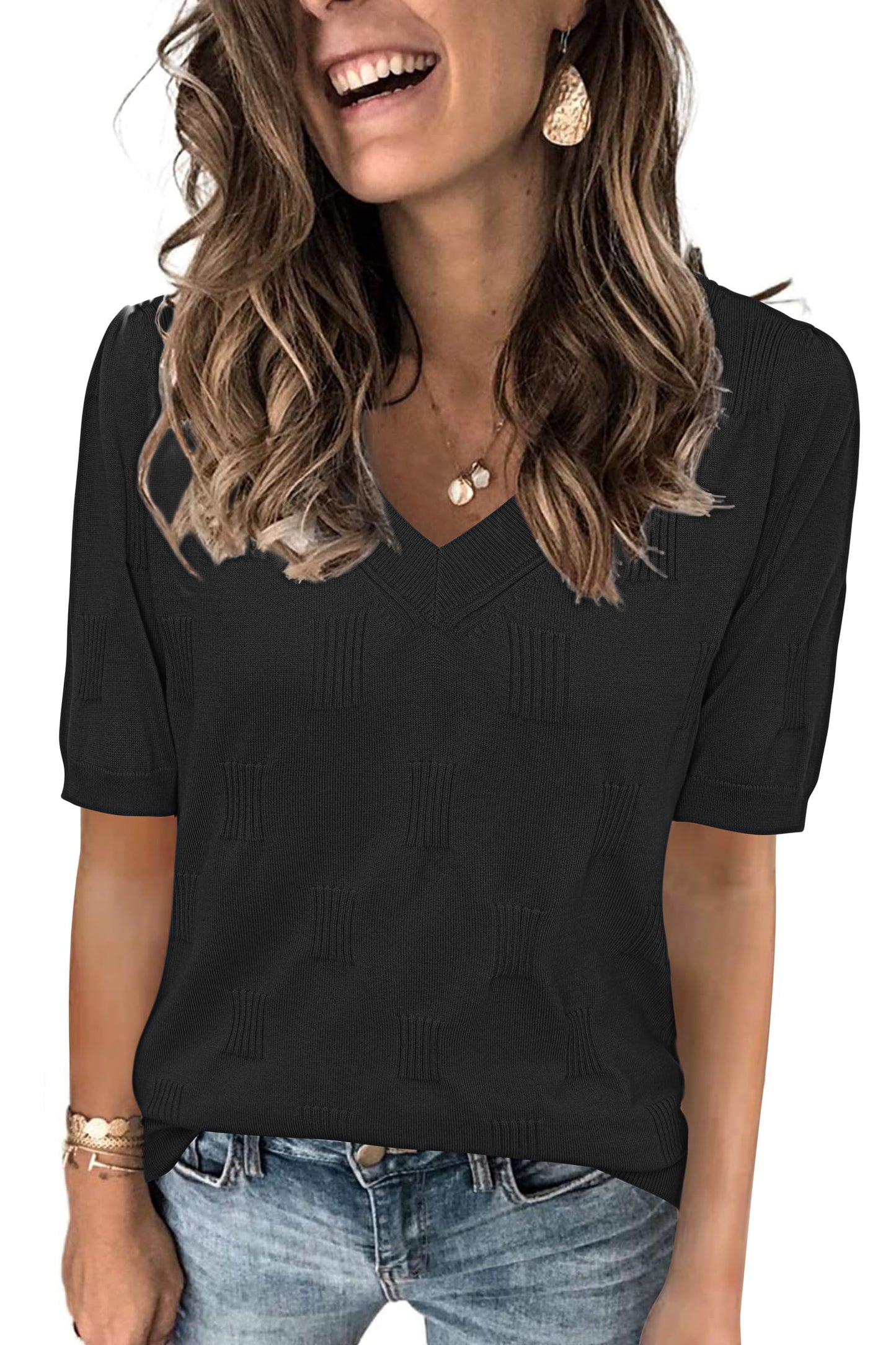 Arach&Cloz Women's Tops 2025 Spring Summer Short Sleeve Sweater Fashion Trendy Dressy Casual Outfit Versatile Knit Blouse