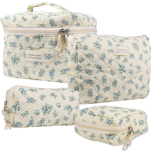 Cute Makeup Bag for Women(2 Pcs), Travel Cosmetic Bags, Quilted Coquette Aesthetic Floral Toiletry Organizer Bag (NavyBlue Flower)