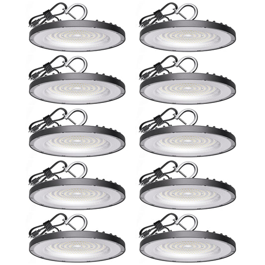 10 Pack UFO LED High Bay Light 200W, 30000 LM, 5000K Daylight, Commercial High Bay LED Shop Lights Fixture with 5' Cable US Hook for Warehouse Workshop Factory Barn Lighting