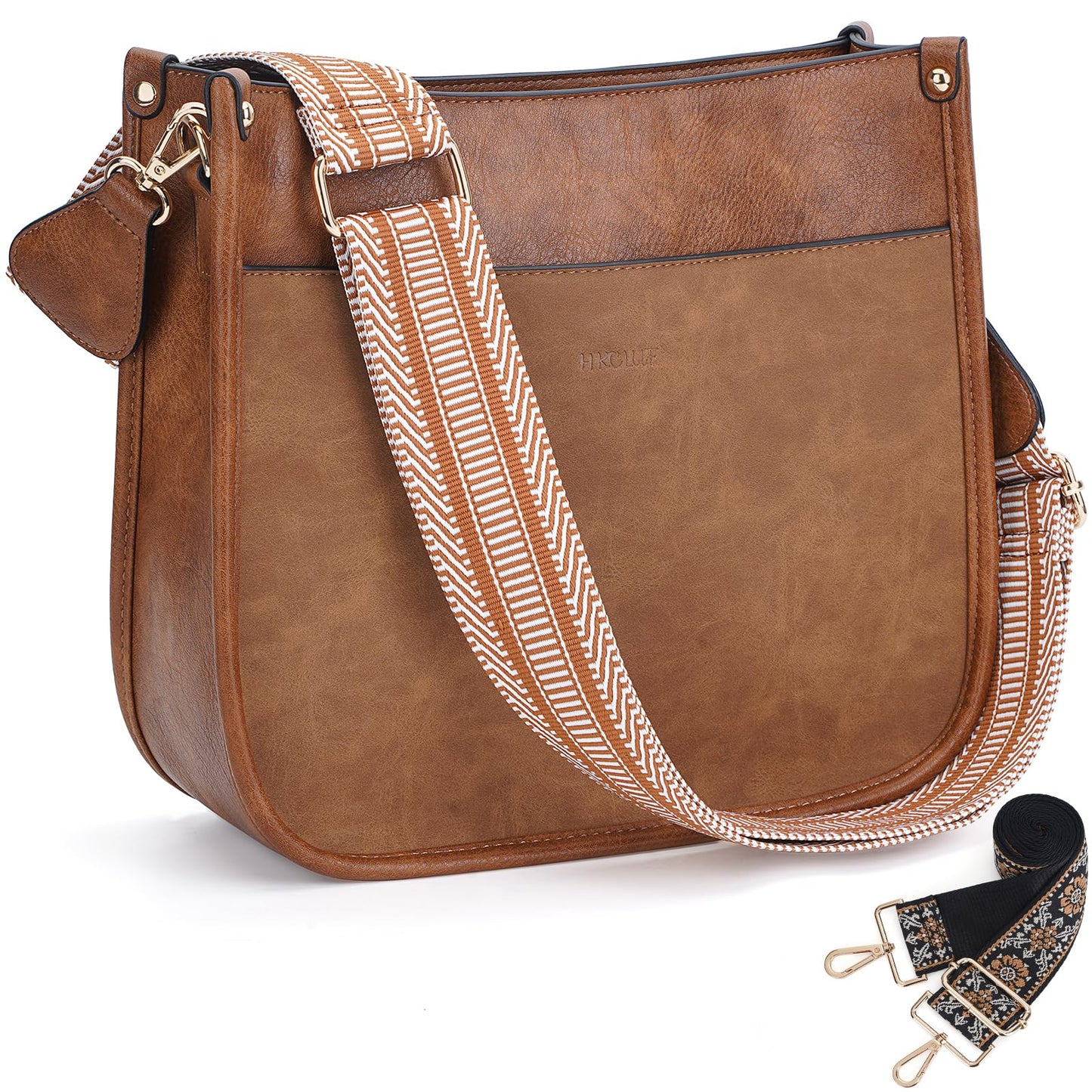 HKCLUF Crossbody Bags for Women Trendy Vegan Leather Hobo Handbags With 2PCS Adjustable Guitar Strap Shoulder Bucket Bags