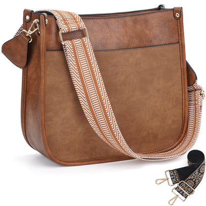 HKCLUF Crossbody Bags for Women Trendy Vegan Leather Hobo Handbags With 2PCS Adjustable Guitar Strap Shoulder Bucket Bags