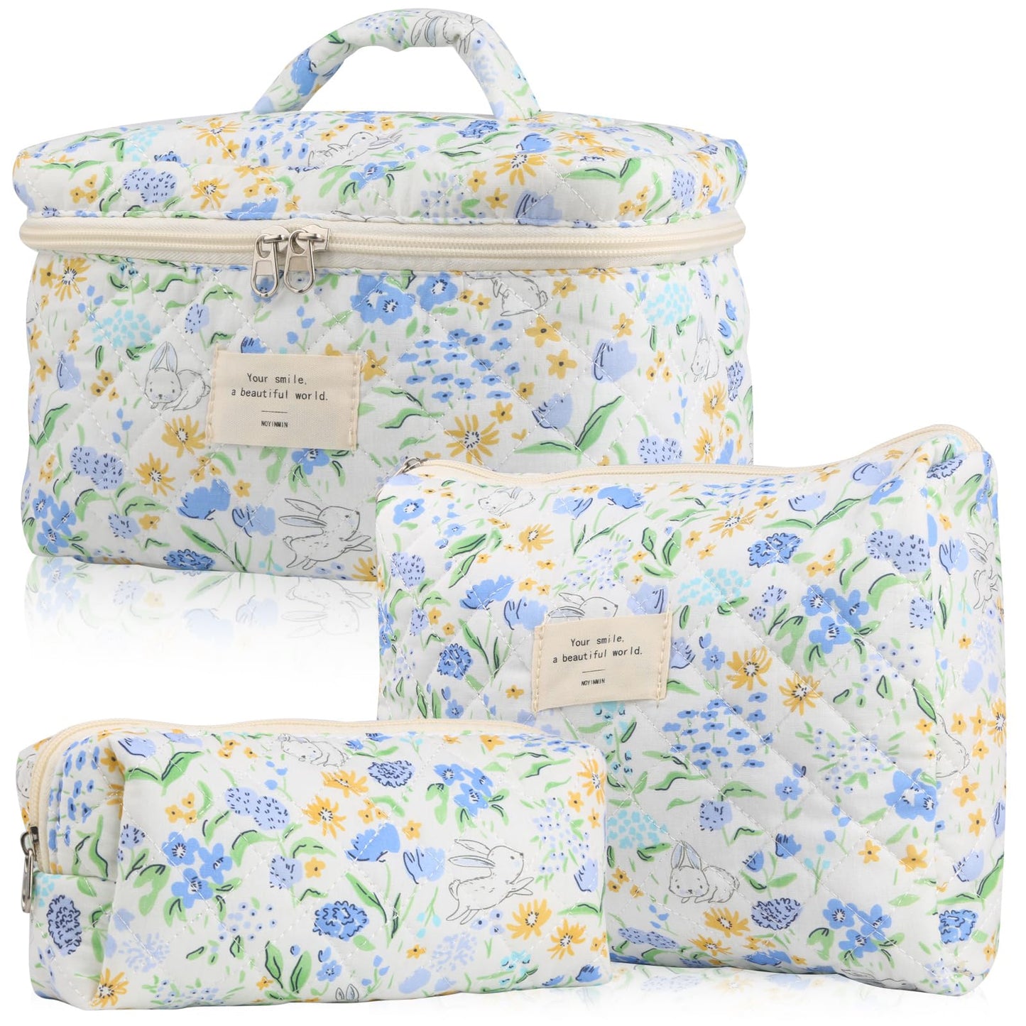 Cute Makeup Bag for Women(2 Pcs), Travel Cosmetic Bags, Quilted Coquette Aesthetic Floral Toiletry Organizer Bag (NavyBlue Flower)