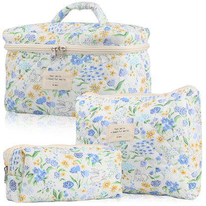 Cute Makeup Bag for Women(2 Pcs), Travel Cosmetic Bags, Quilted Coquette Aesthetic Floral Toiletry Organizer Bag (NavyBlue Flower)