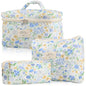 Cute Makeup Bag for Women(2 Pcs), Travel Cosmetic Bags, Quilted Coquette Aesthetic Floral Toiletry Organizer Bag (NavyBlue Flower)
