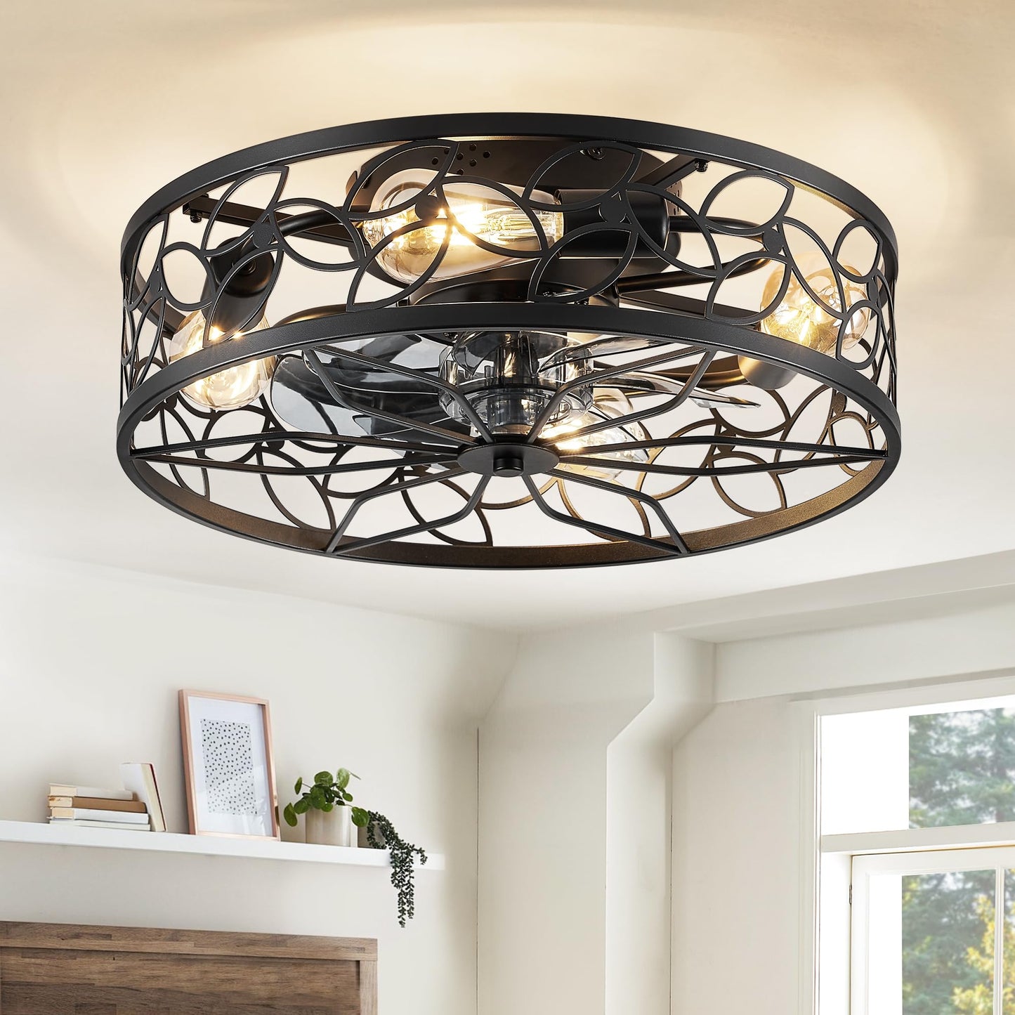 LEDIARY Caged Ceiling Fans with Lights, White Flush Mount Ceiling Fan with Remote, Small Low Profile Bladeless Ceiling Fan Light Fixture for Bedroom, Kitchen, Dining Room-White Gold Color
