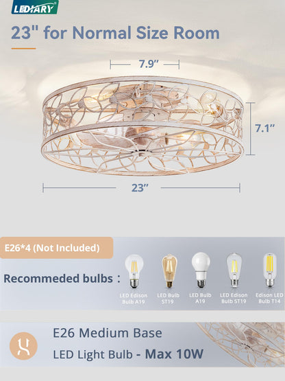LEDIARY Caged Ceiling Fans with Lights, White Flush Mount Ceiling Fan with Remote, Small Low Profile Bladeless Ceiling Fan Light Fixture for Bedroom, Kitchen, Dining Room-White Gold Color