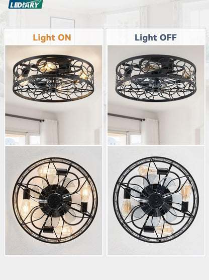 LEDIARY Caged Ceiling Fans with Lights, White Flush Mount Ceiling Fan with Remote, Small Low Profile Bladeless Ceiling Fan Light Fixture for Bedroom, Kitchen, Dining Room-White Gold Color