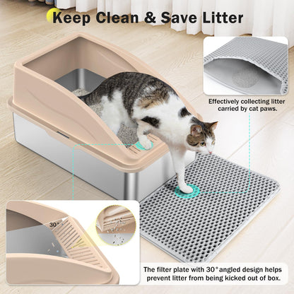 Stainless Steel Cat Litter Box, Extra Large Litter Boxes for Big Cats, Anti-Urine Leakage XL Litter Box with High Sides, Xlarge Metal Litter Box with Lid, Easy Clean, Non-Sticky, Cat Mat & Metal Scoop