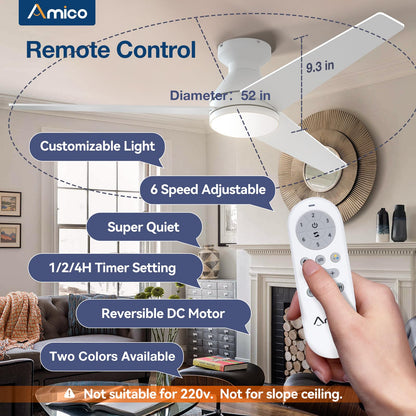 Amico Ceiling Fans with Lights, 42 inch Low Profile Ceiling Fan with Light and Remote Control, Flush Mount, Reversible, 3CCT, Dimmable, Noiseless, White Ceiling Fan for Bedroom, Indoor/Outdoor Use