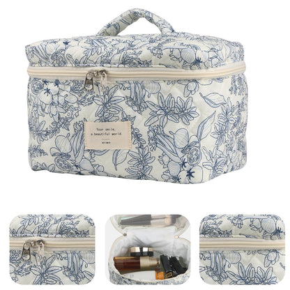 Cute Makeup Bag for Women(2 Pcs), Travel Cosmetic Bags, Quilted Coquette Aesthetic Floral Toiletry Organizer Bag (NavyBlue Flower)