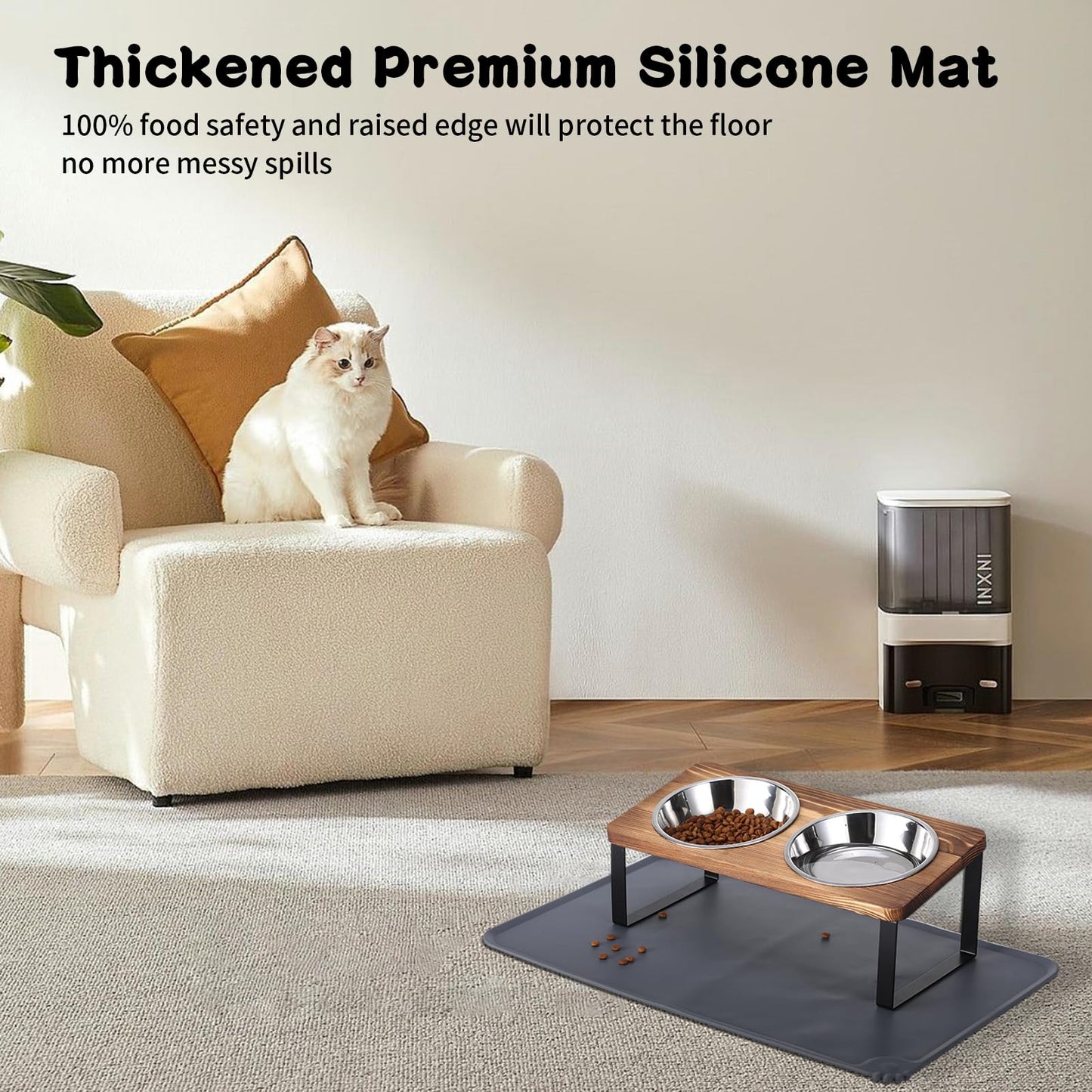 Upgraded Elevated Cat Bowls with Food Mat,15°Tilted Stand Anti Vomiting Raised Cat Dishes for Food and Water,2 Stainless Steel Bowls for Cats and Puppy