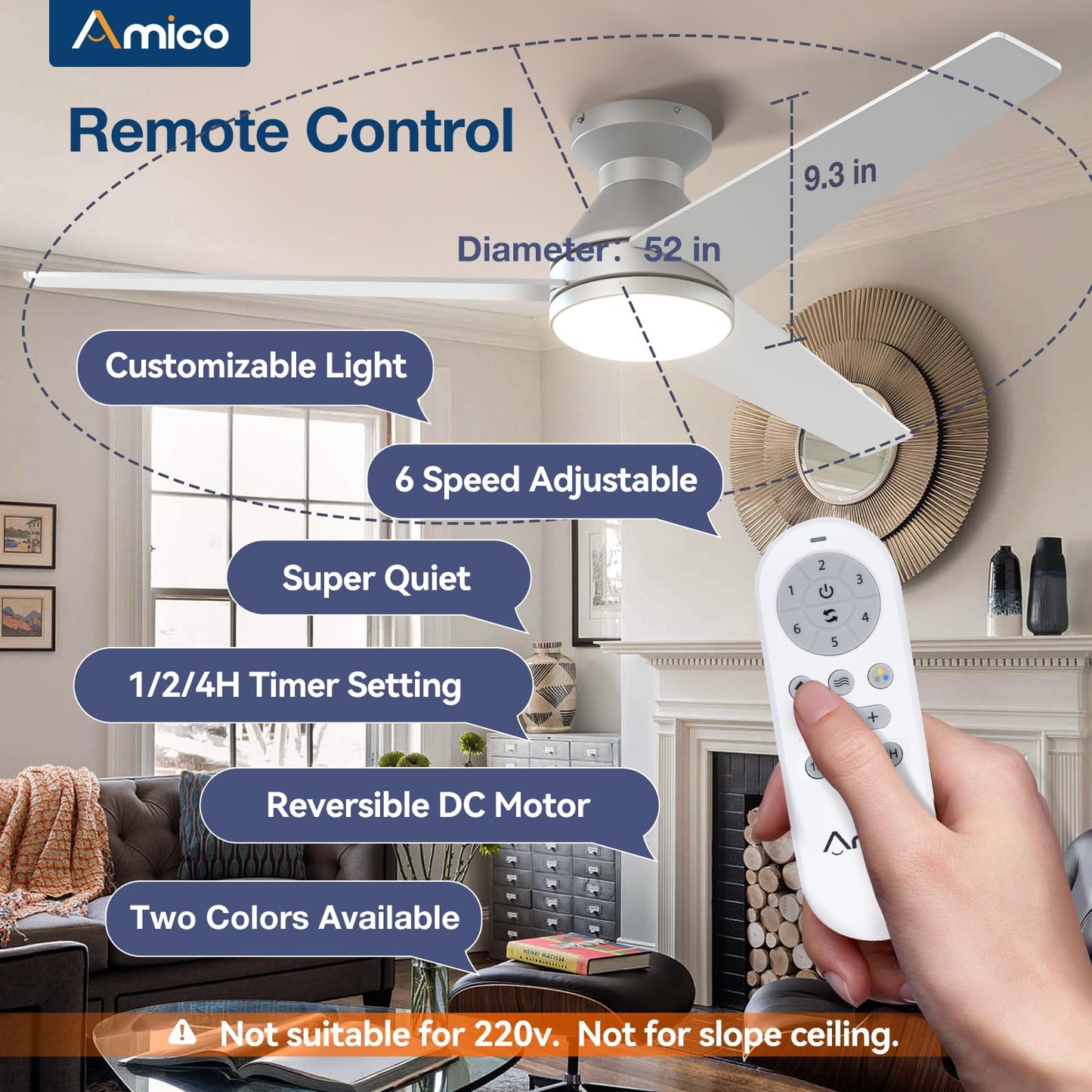 Amico Ceiling Fans with Lights, 42 inch Low Profile Ceiling Fan with Light and Remote Control, Flush Mount, Reversible, 3CCT, Dimmable, Noiseless, White Ceiling Fan for Bedroom, Indoor/Outdoor Use