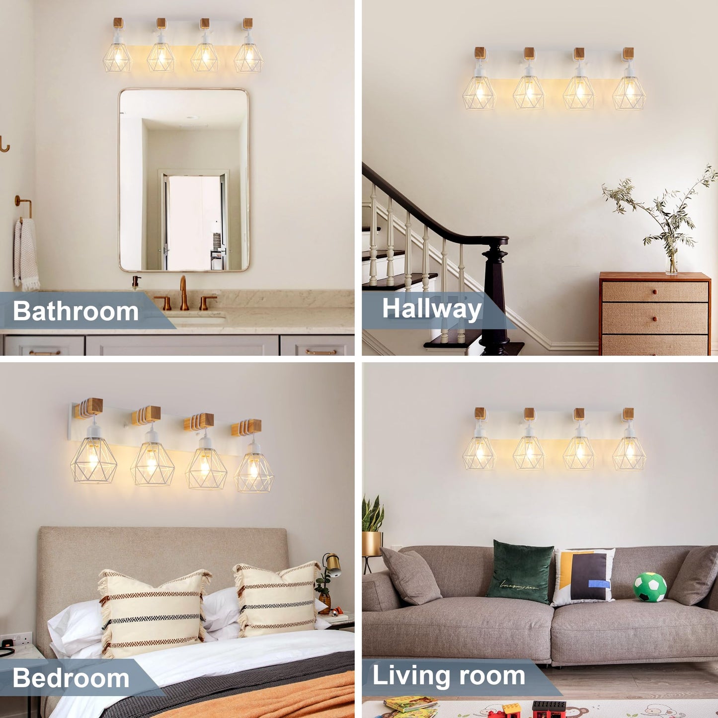 Farmhouse Vanity Light for Bathroom, 3-Light Wood Bathroom Vanity Light Fixtures Over Mirror, Rustic Sconces Wall Lighting with Metal Lampshade for Living Room, Bedroom, Hallway