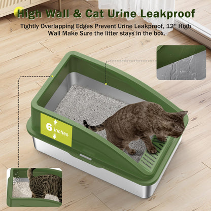 Stainless Steel Cat Litter Box, Extra Large Litter Boxes for Big Cats, Anti-Urine Leakage XL Litter Box with High Sides, Xlarge Metal Litter Box with Lid, Easy Clean, Non-Sticky, Cat Mat & Metal Scoop