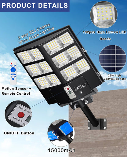 JAYNLT Y-7200W Solar Street Lights Outdoor,680000LM 6500K High Lumen Solar Parking Lot Lights Commercial, Dusk to Dawn Solar Security Flood Lights with Motion Sensor for Parking Lot,Garage,Stadium