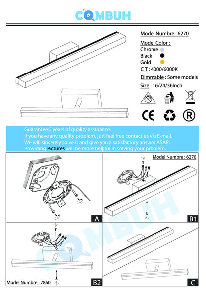 Combuh LED Bathroom Vanity Light Bar 16 Inch 9W Black IP44 Bathroom Light Fixtures Over Mirror Modern Bath Wall Lighting Fixture Sconce Indoor Cool White 6000K