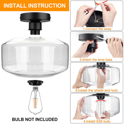 MAXvolador Industrial Semi Flush Mount Ceiling Light, Clear Glass Pendant Lamp Shade, Farmhouse Lighting for Hallway, Vintage Hanging Light Fixtures
