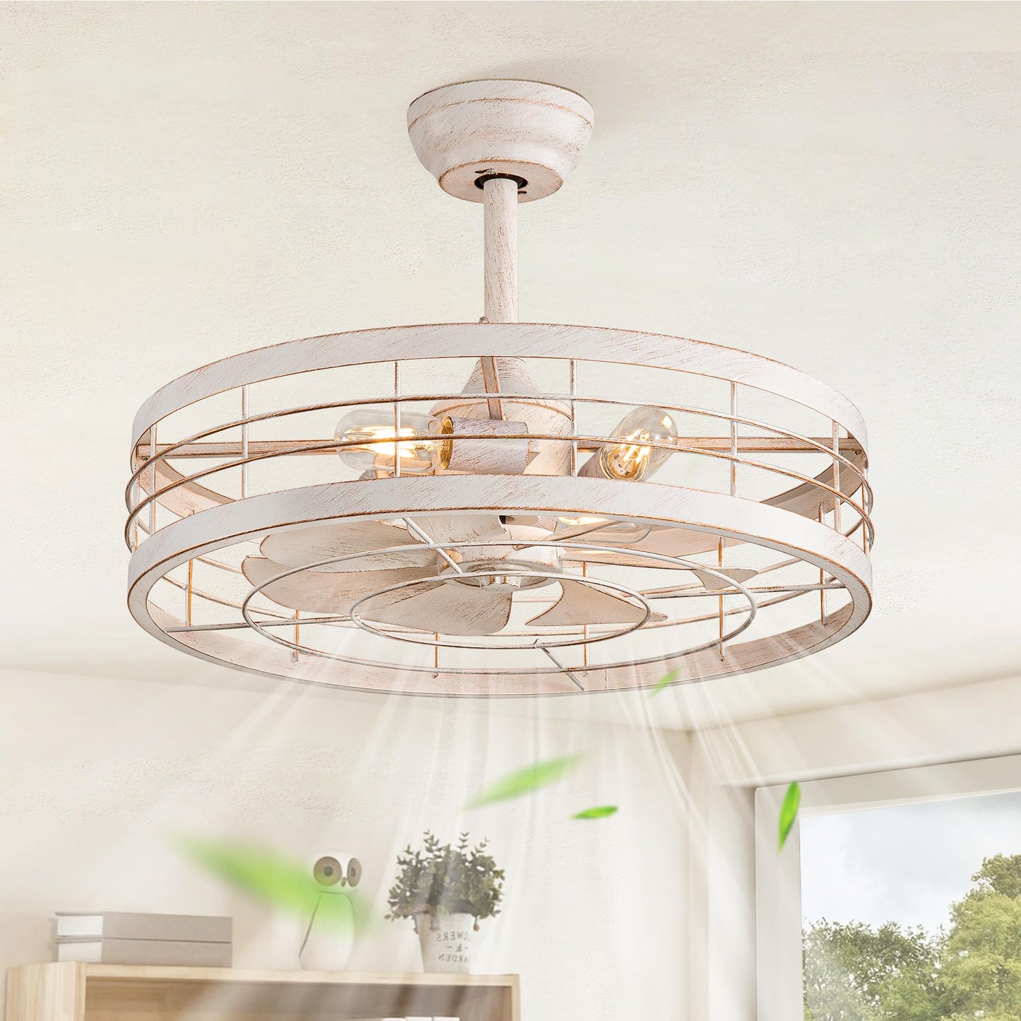 LEDIARY 16.5 inch Black Caged Ceiling Fan with Light, Fandelier Industrial Ceiling Fan with Remote, Farmhouse Fan Lights Ceiling Fixtures for Kitchen, Bedroom, Outdoor（6 Speed, Timing）-Black
