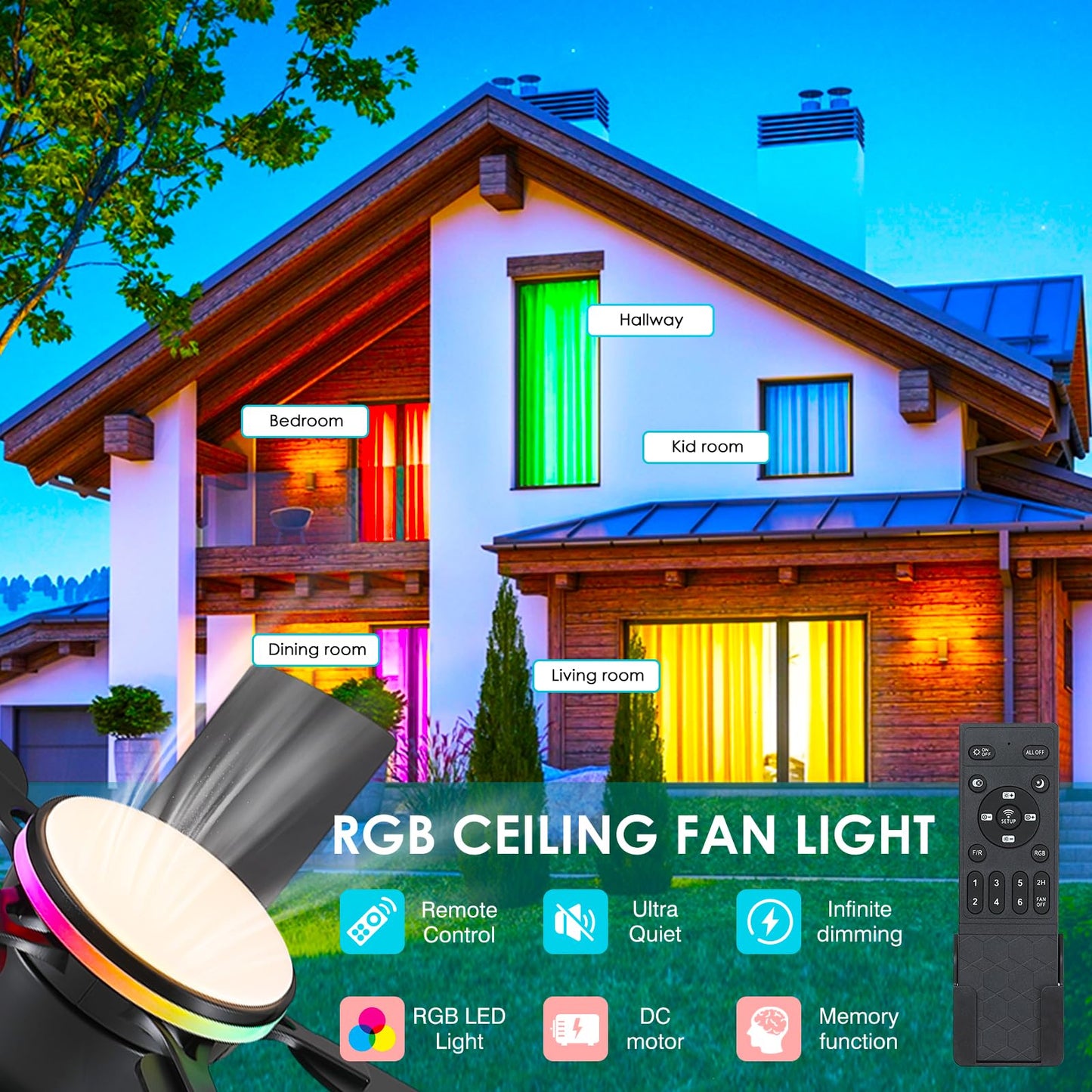 Ceiling Fans with Lights- 52" Low Profile Indoor Ceiling Fan with Light and Remote/APP Control, Flush Mount, LED Dimmable DC Reversible Modern Ceiling Fan for Bedroom（Black）
