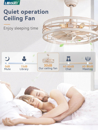 LEDIARY 16.5 inch Black Caged Ceiling Fan with Light, Fandelier Industrial Ceiling Fan with Remote, Farmhouse Fan Lights Ceiling Fixtures for Kitchen, Bedroom, Outdoor（6 Speed, Timing）-Black