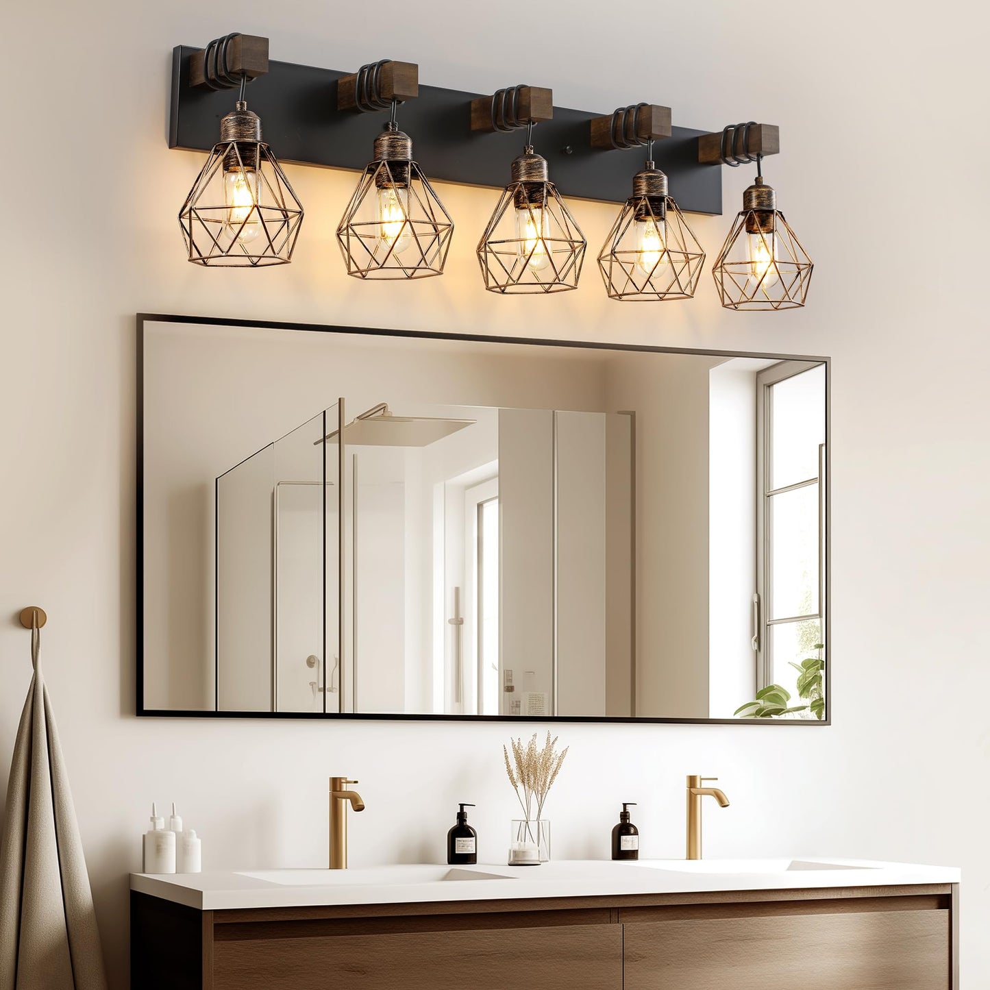 Farmhouse Vanity Light for Bathroom, 3-Light Wood Bathroom Vanity Light Fixtures Over Mirror, Rustic Sconces Wall Lighting with Metal Lampshade for Living Room, Bedroom, Hallway