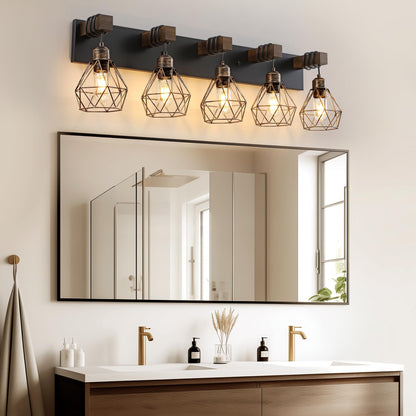 Farmhouse Vanity Light for Bathroom, 3-Light Wood Bathroom Vanity Light Fixtures Over Mirror, Rustic Sconces Wall Lighting with Metal Lampshade for Living Room, Bedroom, Hallway